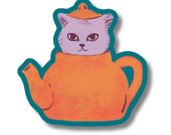 Cat in a Tea Kettle, If I Fits I Sits Funny Feline Sticker