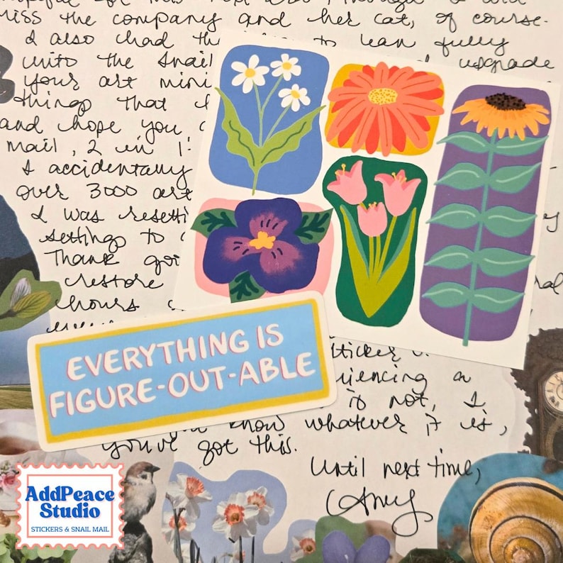May include: A rectangular sticker with a light blue background and a yellow border featuring the text EVERYTHING IS FIGURE-OUT-ABLE in pink letters, placed above a square sheet of stickers displaying various colourful floral illustrations.