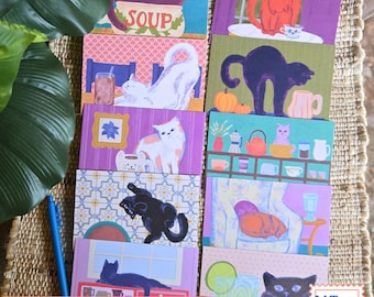 Cozy Cats 10 Postcard Pack - Artist Made Cats & Cups Art Mini Prints