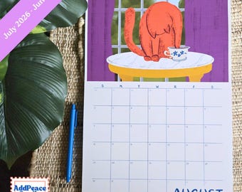 2026-2027 Cats & Cups Illustrated Wall Calendar with Cozy Interiors