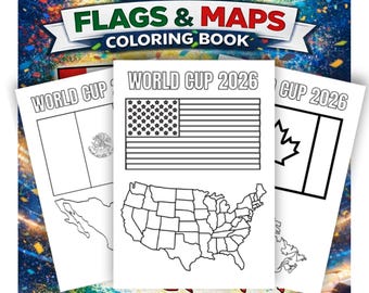 Dibujos para colorear del Mundial 2026 para imprimir, 40 banderas del mundo con mapa, actividad de fútbol para niños, libro para colorear del Mundial 2026, descarga digital.