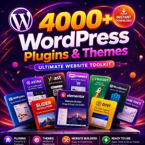 May include: A promotional graphic for WordPress plugins and themes. The image features the WordPress logo, the text "4000+ WordPress Plugins & Themes," and icons for various website tools. The words "Ultimate Website Toolkit" are also displayed.