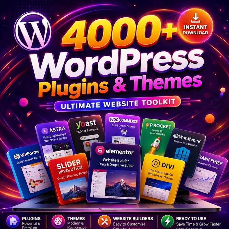 May include: A promotional graphic for WordPress plugins and themes. The image features the WordPress logo, the text "4000+ WordPress Plugins & Themes," and icons for various website tools. The words "Ultimate Website Toolkit" are also displayed.