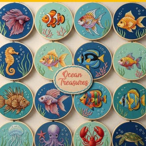 May include: A collection of embroidered hoops featuring various marine life, including fish, a seahorse, and a jellyfish. The designs are set against blue and teal backgrounds, with the text "Ocean Treasures" in the center.