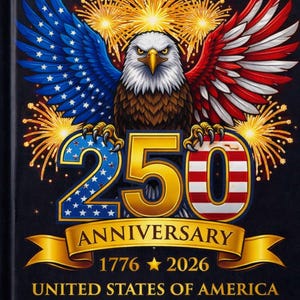 May include: A commemorative design for the 250th anniversary of the United States of America, featuring a bald eagle with wings in the colours of the American flag. The image includes the years 1776 and 2026, with fireworks in the background.