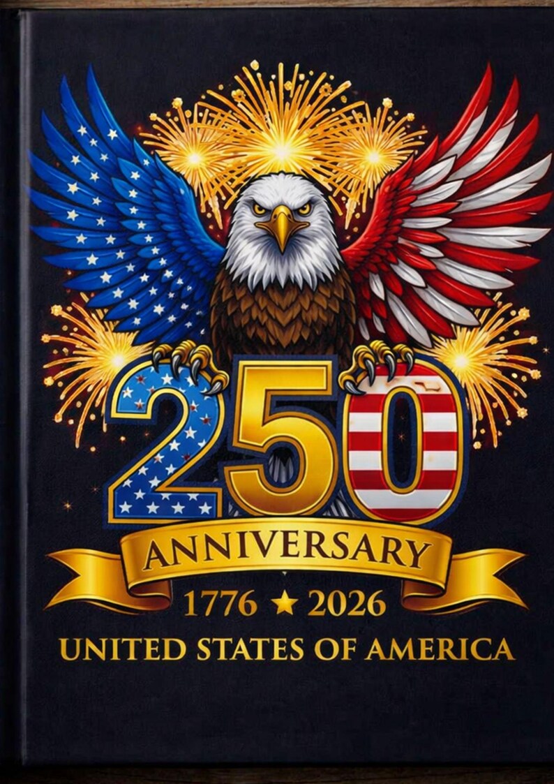 May include: A commemorative design for the 250th anniversary of the United States of America, featuring a bald eagle with wings in the colours of the American flag. The image includes the years 1776 and 2026, with fireworks in the background.