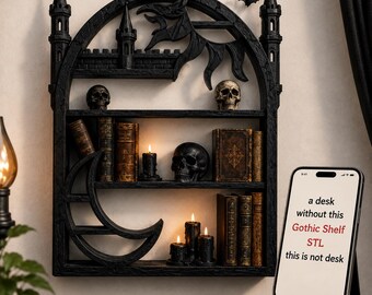 Gotisches Schloss-Mondregal (STL) | Kristall-Hexen-Wandregal für D&D-Würfel, Wicca-Altar & Dark-Academia-Dekoration | 3D-Druckdatei
