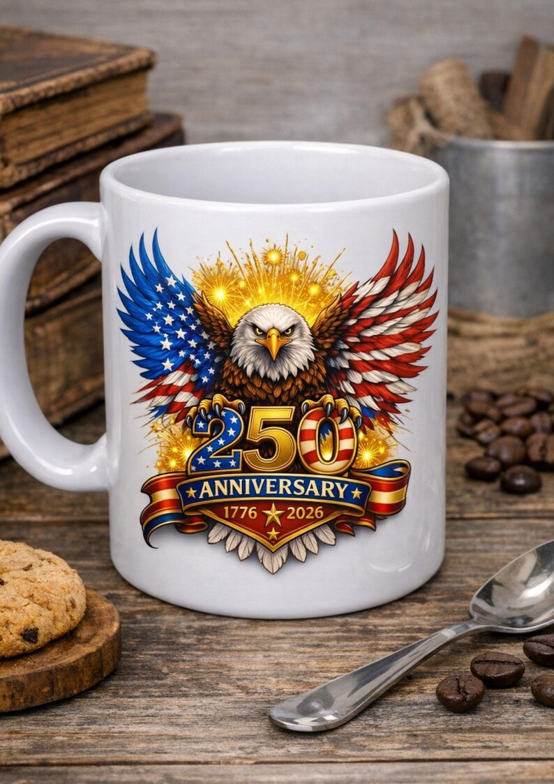 May include: White ceramic mug with a patriotic design. It features a bald eagle with wings in the colours of the American flag. The text "250 Anniversary 1776-2026" is displayed on a banner. The mug is suitable for hot beverages.