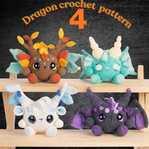 May include: Four crocheted dragon patterns are displayed on a wooden shelf. The dragons are in various colors, including brown, teal, white, and gray, with decorative wings and horns. The text "Dragon crochet pattern 4" is at the top.