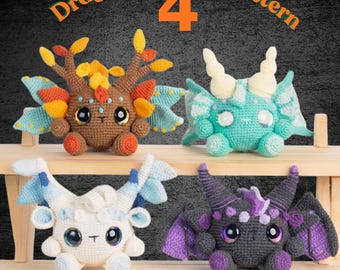Elemental Dragons Amigurumi Crochet 4 Patterns Bundle US Terms PDF,Elemental baby dragons crochet pattern,Realistic Dragon Amigurumi Crochet