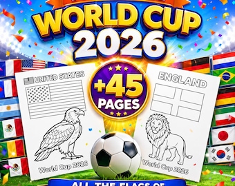 World Cup 2026 Coloring Pages Printable, 45 World Flags with Animal Symbol , Kids Soccer Activity,World Cup Coloring Book,(digital Download)
