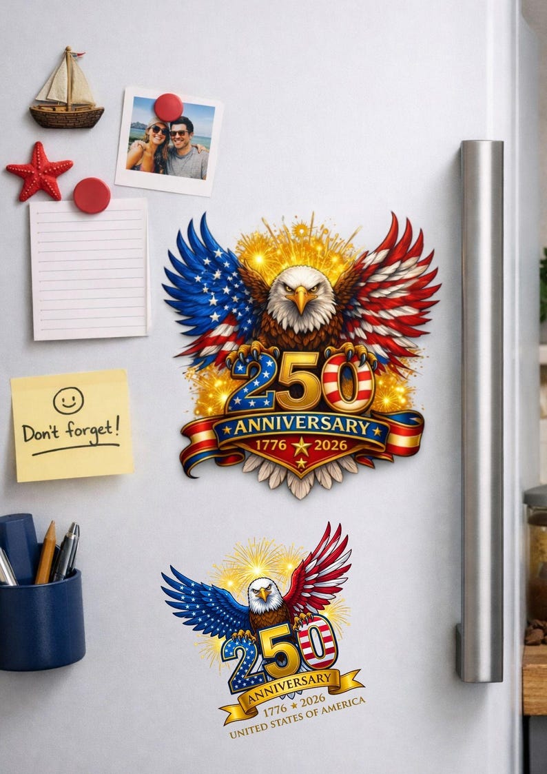 May include: A fridge magnet set with a patriotic theme. The main magnet shows a bald eagle with red, white, and blue wings, commemorating the 250th anniversary of the United States. Text includes "250 Anniversary 1776-2026".