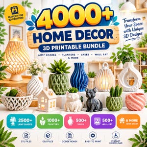 Könnte beinhalten: Eine digitale Werbeanzeige für ein 4000+ Home Decor 3D-Druck-Paket mit verschiedenen 3D-gedruckten Objekten, darunter eine helle Lampe, eine weiße Spiralvase, ein grüner geometrischer Übertopf, eine blaue Vase, Tierfiguren und ein rosa Übertopf.