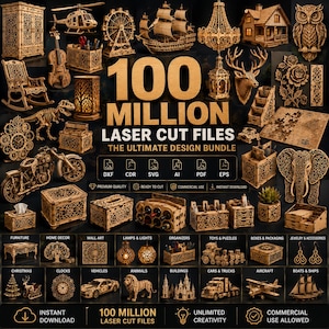 Könnte beinhalten: Eine digitale Sammlung von 100 Millionen Lasercut-Dateien mit Holzmodellen von Möbeln, Fahrzeugen, Tieren und Wohnkultur. Das Bild zeigt verschiedene komplexe Designs, darunter ein Schiff, einen Hubschrauber, eine Uhr und Organizer-Boxen.