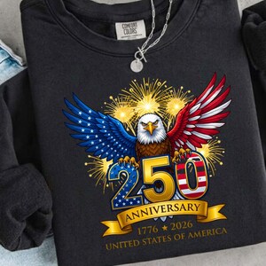 May include: Black sweatshirt with a graphic of an American bald eagle, wings in red, white, and blue. The design includes the number 250, fireworks, and the text "Anniversary 1776-2026 United States of America."