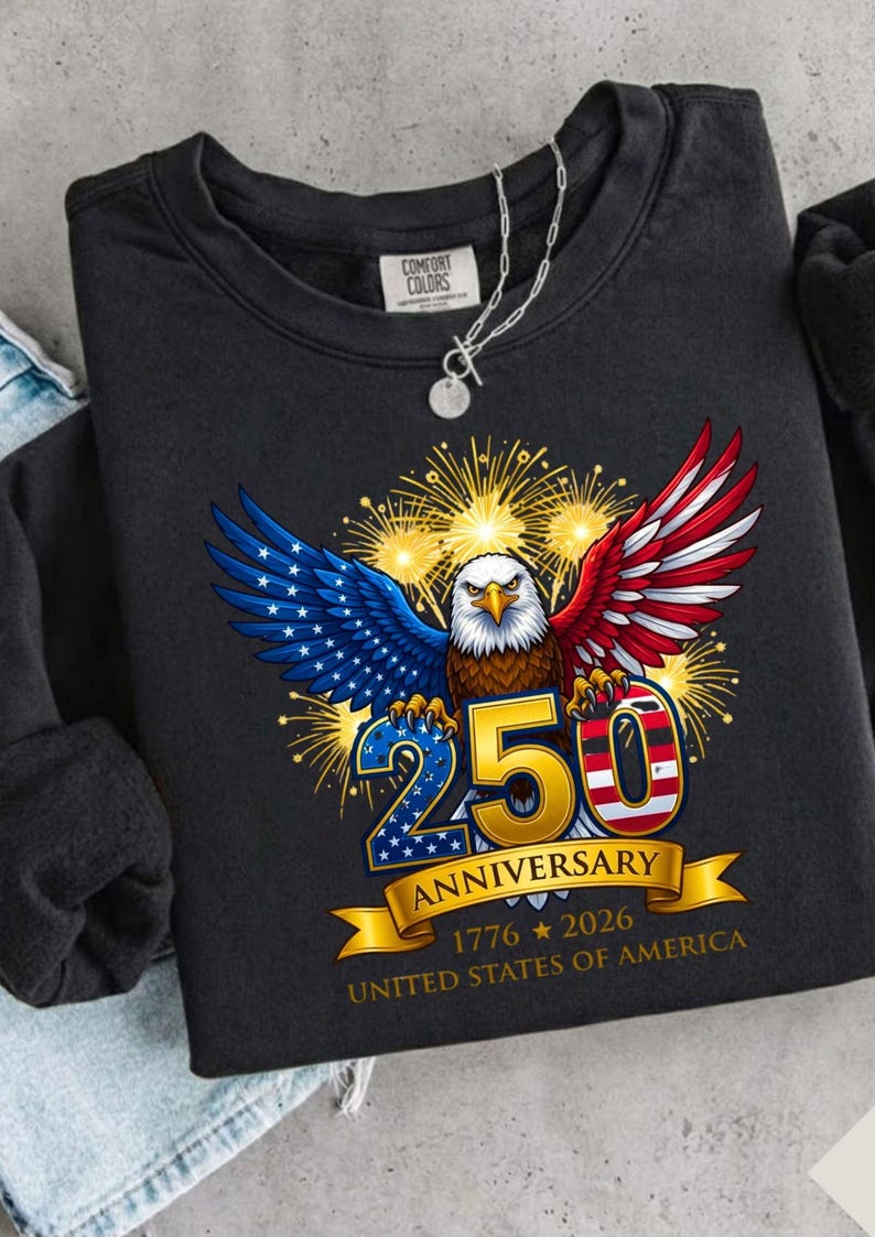 May include: Black sweatshirt with a graphic of an American bald eagle, wings in red, white, and blue. The design includes the number 250, fireworks, and the text "Anniversary 1776-2026 United States of America."