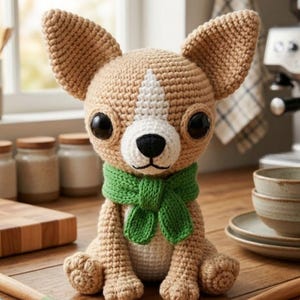 Puede incluir: Un perro chihuahua tejido a ganchillo con grandes ojos negros, pelaje marrón y una mancha blanca en la cara. Lleva una bufanda verde y está sentado sobre una superficie de madera. Utensilios de cocina y tarros en el fondo.