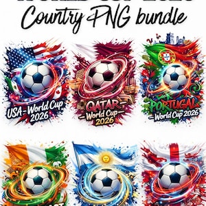 Peut inclure: Un ensemble graphique numérique pour la Coupe du Monde 2026, avec des ballons de football et des drapeaux nationaux. Comprend des designs pour les États-Unis, le Qatar, le Portugal, la Côte d'Ivoire, l'Argentine et l'Angleterre. Le texte comprend "Coupe du Monde 2026".
