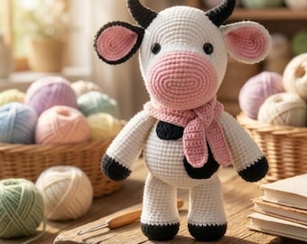 Häkelanleitung für ein Kuh-Kuscheltier (PDF), Amigurumi-Anleitung ohne Nähen, Häkelanleitung für ein Baby-Kuscheltier, Plüschtier vom Bauernhof, Amigurumi-Kuh