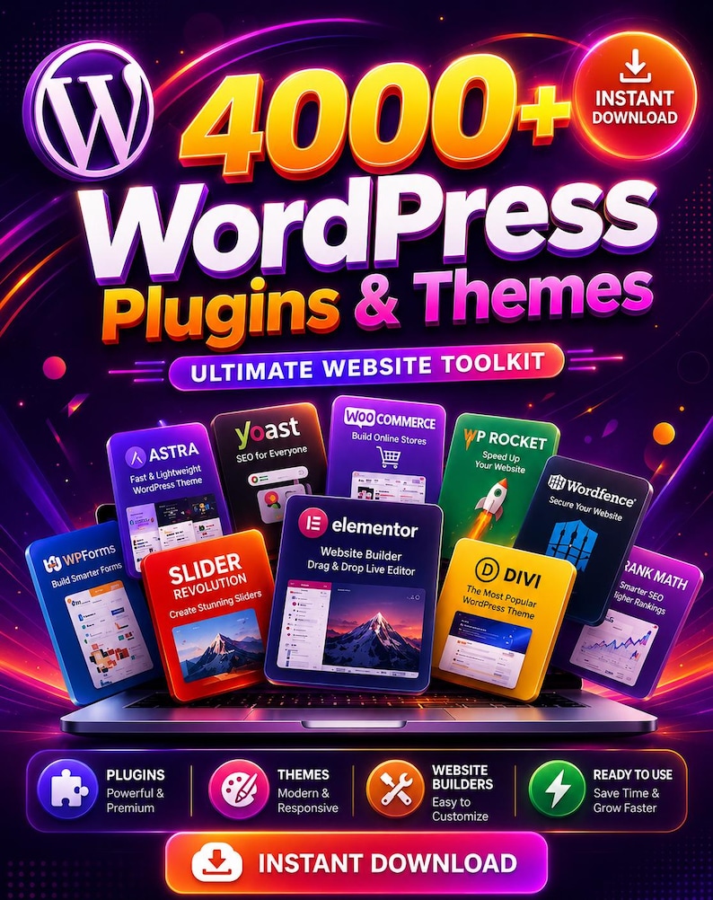 May include: A promotional graphic for WordPress plugins and themes. The image features the WordPress logo, the text "4000+ WordPress Plugins & Themes," and various plugin icons. The graphic also includes the text "Ultimate Website Toolkit" and "Instant Download."