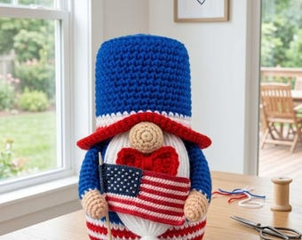 Patriotic Gnome Crochet Pattern, 4th of July Crochet Pattern, USA Flag Crochet Decor, amigurumi pattern, Independence Day Gnome PDF Guide