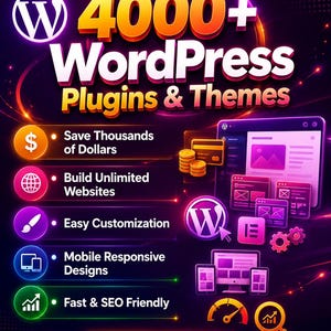 May include: A digital graphic advertising WordPress plugins and themes. The image displays the WordPress logo, the text "4000+ WordPress Plugins & Themes", and icons highlighting features such as cost savings, website building, and mobile-friendly designs. The words "Digital Download" are also visible.
