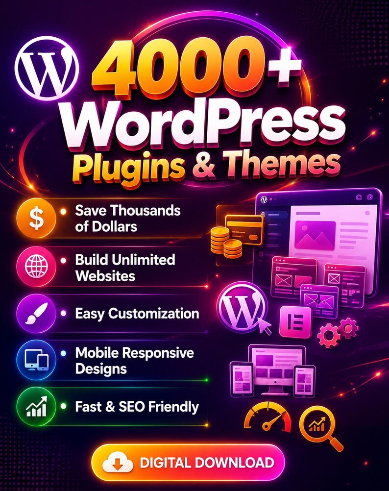 May include: A digital graphic advertising WordPress plugins and themes. The image displays the WordPress logo, the text "4000+ WordPress Plugins & Themes", and icons highlighting features such as cost savings, website building, and mobile-friendly designs. The words "Digital Download" are also visible.