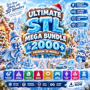 Puede incluir: Un anuncio digital para un Ultimate STL Mega Bundle con más de 2000 modelos 3D premium. El gráfico muestra una escena invernal con un muñeco de nieve, un reno, un pingüino, un dragón y un castillo, junto a iconos de categorías como figuras, joyas y juguetes.