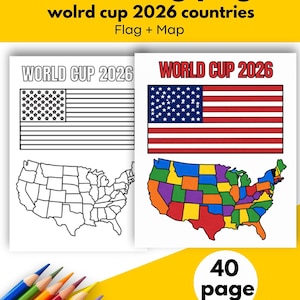 Peut inclure: Un livre de coloriage avec le texte "40 pages à colorier" et "Coupe du monde 2026 pays". Le livre présente des contours du drapeau américain et une carte des États-Unis, ainsi que des versions colorées. Un ensemble de crayons de couleur est visible.