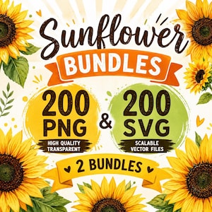 Peut inclure: Un graphique numérique avec des tournesols et le texte Sunflower BUNDLES. Il comprend 200 fichiers PNG transparents de haute qualité et 200 fichiers vectoriels SVG évolutifs, organisés en 2 lots avec des accents circulaires jaunes et verts.