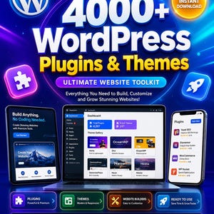 May include: An advertisement for WordPress plugins and themes. The image shows a laptop, tablet, and smartphone displaying website interfaces. Text includes "4000+ WordPress Plugins & Themes" and "Ultimate Website Toolkit."