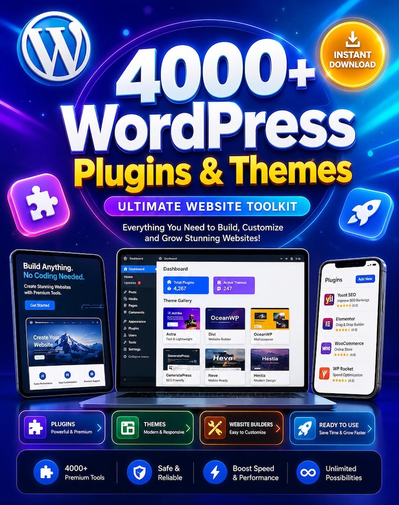 May include: An advertisement for WordPress plugins and themes. The image shows a laptop, tablet, and smartphone displaying website interfaces. Text includes "4000+ WordPress Plugins & Themes" and "Ultimate Website Toolkit."