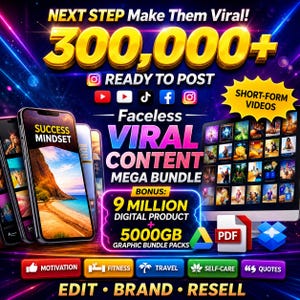 Op de afbeelding: Een promotionele afbeelding met de tekst "NEXT STEP Make Them Viral!" en "300.000+". Het adverteert een "Faceless Viral Content Mega Bundle" met bonussen van digitale producten en grafische bundelpakketten. De afbeelding bevat social media-iconen, smartphones en een computerscherm.