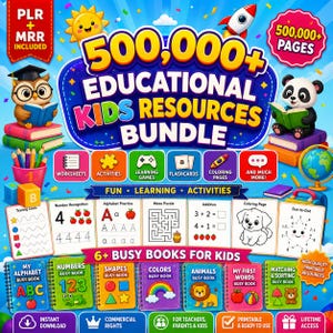 Peut inclure: Un ensemble éducatif coloré pour enfants, avec plus de 500 000 pages de ressources. Comprend des cahiers d'activités, des feuilles de travail et des activités pour un apprentissage amusant. L'image montre des livres avec des titres comme "Mon Alphabet", "Nombres" et "Formes".