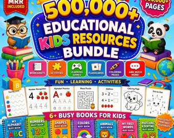 500,000+ Educational Kids Resources Bundle PLR MRR resell right, Kids Learning Bundle printable pages,coloring book,worksheets, games,number