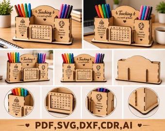 Lehrer-Stiftehalter (SVG-Datei), Schreibtisch-Organizer mit Kalender, lasergeschnittener Schreibtisch-Organizer aus Holz, Klassenzimmerdeko für den Schulanfang