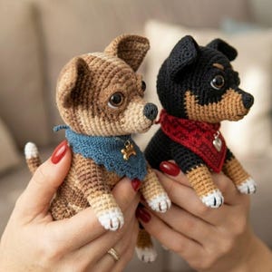 Puede incluir: Dos figuras de perro de ganchillo. Uno es marr&oacute;n y canela con un collar azul y un dije dorado. El otro es negro y canela con un pa&ntilde;uelo rojo. Ambos tienen patas blancas y ojos grandes y expresivos.