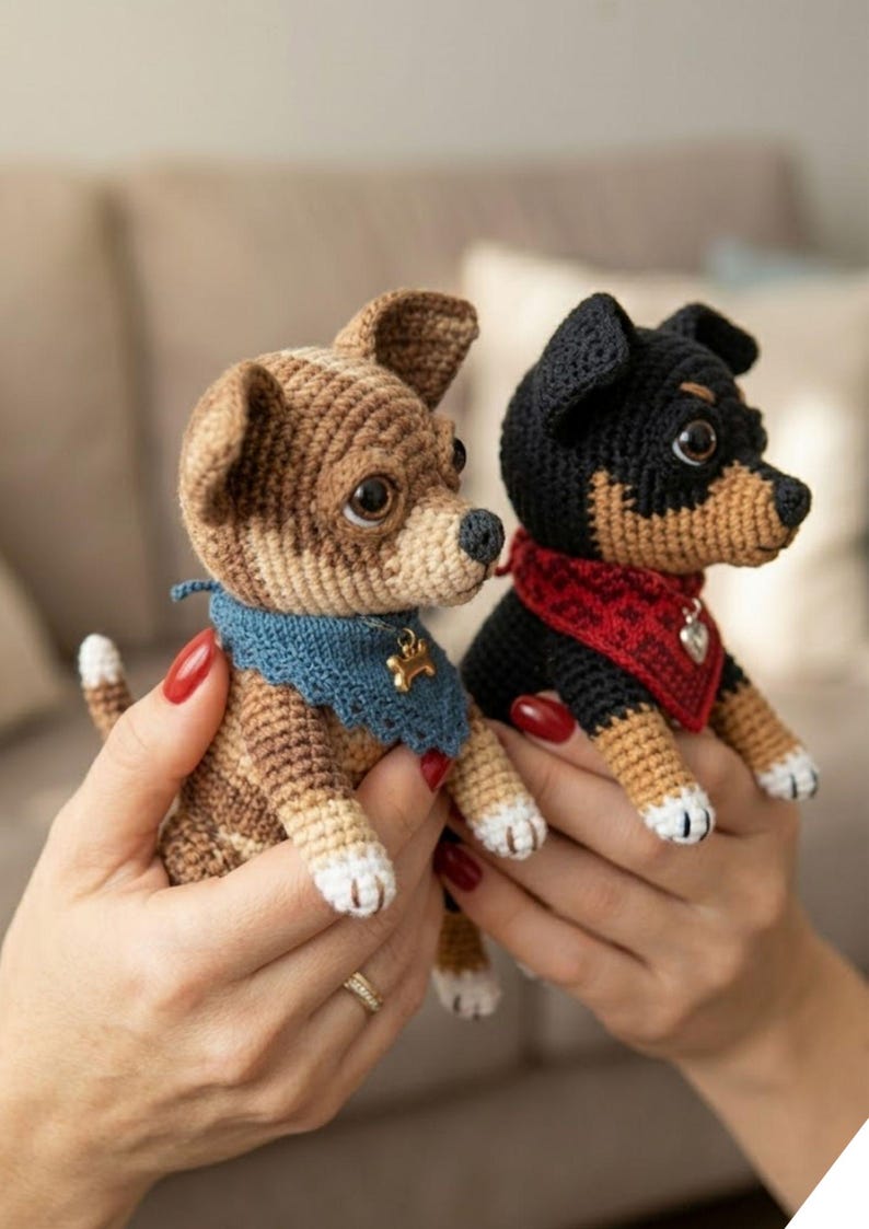 Puede incluir: Dos figuras de perro de ganchillo. Uno es marr&oacute;n y canela con un collar azul y un dije dorado. El otro es negro y canela con un pa&ntilde;uelo rojo. Ambos tienen patas blancas y ojos grandes y expresivos.