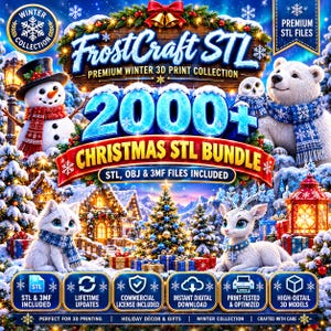 Può includere: Un'immagine digitale per una collezione di stampa 3D invernale FrostCraft STL con un pupazzo di neve, un orso polare, un gatto bianco e una renna in un villaggio innevato. Il testo recita 2000+ Christmas STL Bundle con file inclusi.