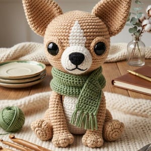 Può includere: Un cane Chihuahua all'uncinetto, beige e bianco, con una sciarpa verde. Il giocattolo fatto a mano ha grandi occhi neri ed è seduto su una coperta di maglia color crema. Sono visibili anche uncinetti, filo e forbici.