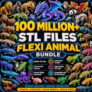 May include: A digital advertisement for a 100 Million+ STL Files Flexi Animal Bundle featuring a large central purple dragon surrounded by numerous colourful 3D-printed animal figures including dinosaurs, sea creatures, and insects on a dark background.