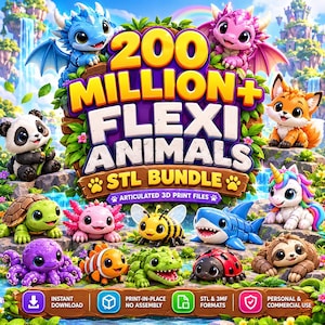 May include: A digital graphic featuring the text 200 MILLION+ FLEXI ANIMALS STL BUNDLE ARTICULATED 3D PRINT FILES surrounded by cartoon animals including a blue dragon, pink dragon, panda, fox, turtle, axolotl, bee, shark, unicorn, octopus, clownfish, crocodile, ladybug, and sloth.