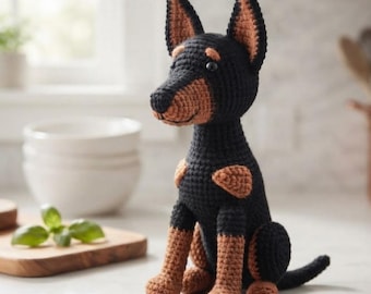 Realistische Dobermann-Amigurumi-Häkelanleitung (PDF), schwarz-braunes Plüschtier, DIY-Häkelanleitung für ein Tier, handgefertigtes Dobermann-Geschenk (PDF)
