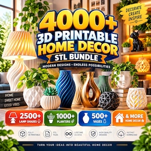 Peut inclure: Un graphique numérique présentant plus de 4000 fichiers STL de décoration intérieure imprimables en 3D. L'image montre divers objets imprimés en 3D, dont une lampe blanche, des jardinières géométriques et des vases bleus, dorés et noirs.