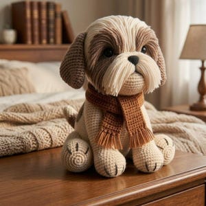 Può includere: Un cane di peluche realizzato all'uncinetto con corpo color crema, orecchie marrone scuro e una sciarpa marrone testurizzata attorno al collo. Il cane presenta un muso color crema prominente con naso nero e occhi scuri, lavorato a maglia.
