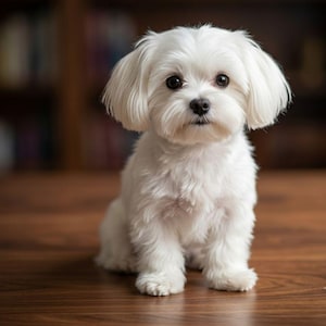 Peut inclure: Un petit chien blanc au pelage long et soyeux, doté d'yeux ronds et sombres ainsi que d'une petite truffe noire. Le chien est assis en position droite, tourné vers l'avant avec les oreilles tombantes, affichant une apparence soignée.