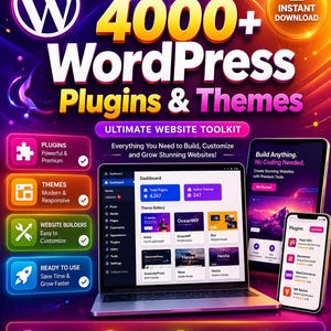 May include: A promotional graphic for WordPress plugins and themes. The image features a laptop and smartphone displaying website design tools. Text includes "4000+ WordPress Plugins & Themes" and "Ultimate Website Toolkit."
