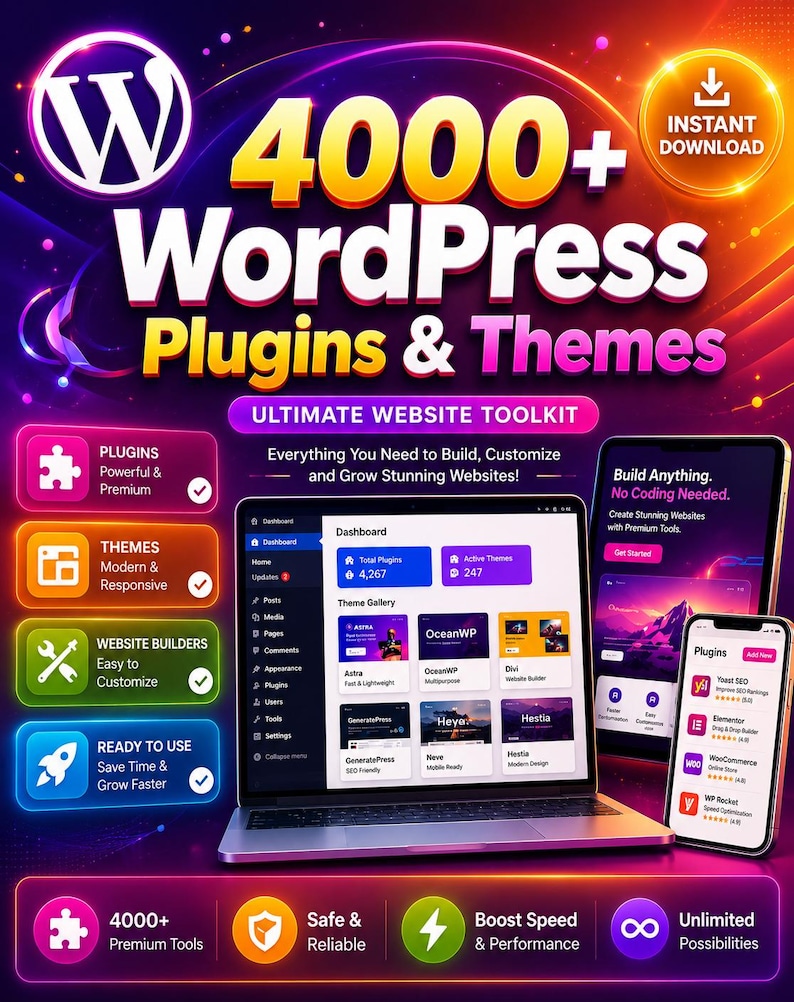 May include: A promotional graphic for WordPress plugins and themes. The image features a laptop and smartphone displaying website design tools. Text includes "4000+ WordPress Plugins & Themes" and "Ultimate Website Toolkit."