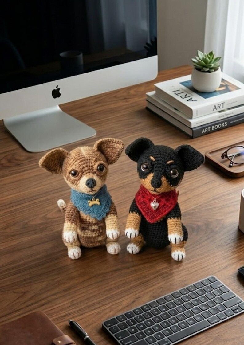 Puede incluir: Dos figuras de perro Chihuahua hechas a mano con ganchillo. Una es marr&oacute;n y canela con un pa&ntilde;uelo azul y un dije de hueso, la otra es negra y canela con un pa&ntilde;uelo rojo y un dije de coraz&oacute;n. Est&aacute;n sobre un escritorio de madera.