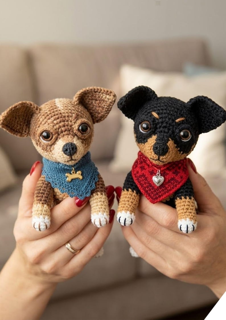 Puede incluir: Dos figuras de perro Chihuahua de ganchillo. Uno es marr&oacute;n y canela con un pa&ntilde;uelo azul y un dije de hueso. El otro es negro y canela con un pa&ntilde;uelo rojo y un dije de coraz&oacute;n. Ambos tienen ojos grandes y expresivos y patas blancas.
